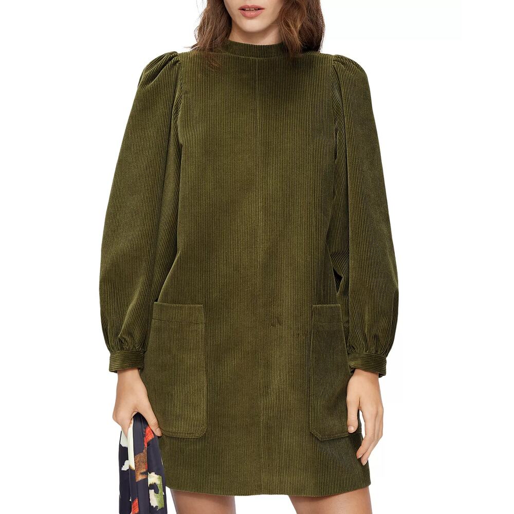 NEW Ted Baker Womens Green Xavia Corduroy Puff Shoulder Mini Dress Small A-Line